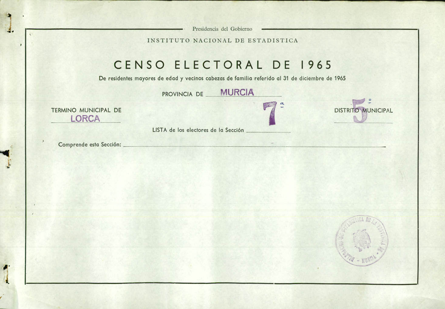 Censo electoral provincial de 1965: listas definitivas de Lorca, Distrito 5º, sección 7ª.
